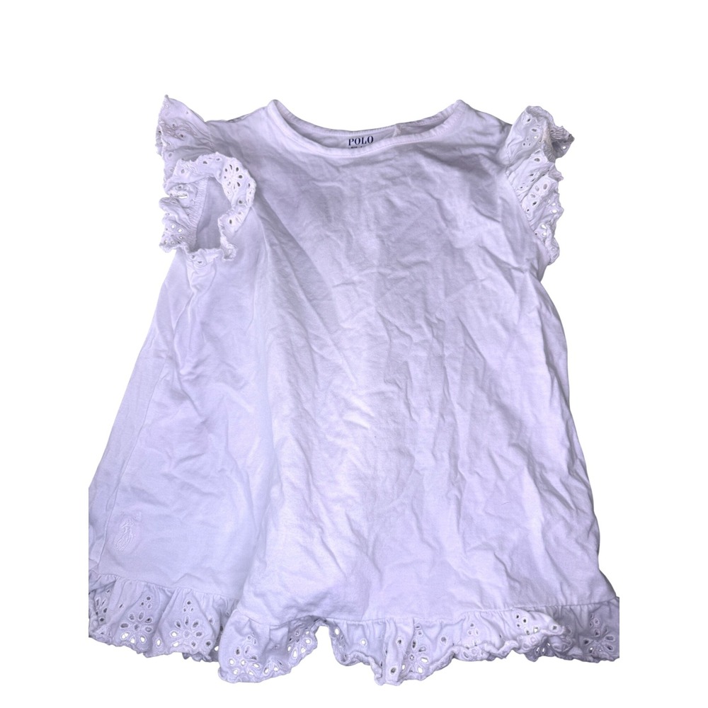 Polo Ralph Lauren Eyelet Ruffle Top Kids Size M 8-10 White  Flutter Sleeve‎